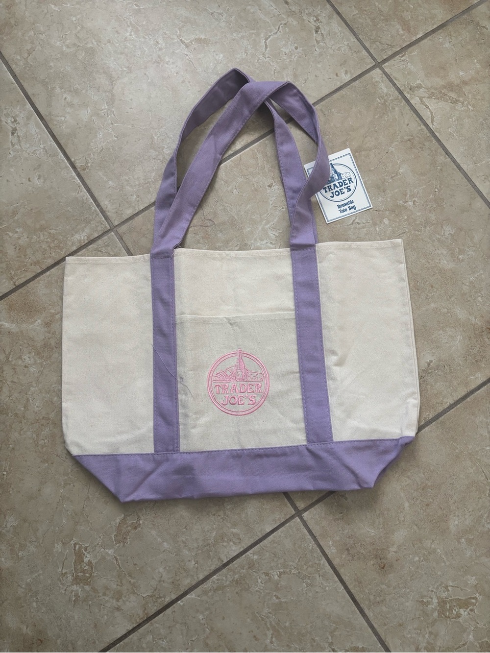 Trader Joe's Cream Canvas Tote with Lavender Trim